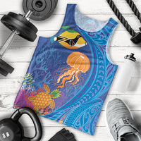 Hawaiian Funny Fruits Sea Animals Men Tank Top Mango Reef Triggerfish and Pineapple Turtle and Mandarin Jellyfish