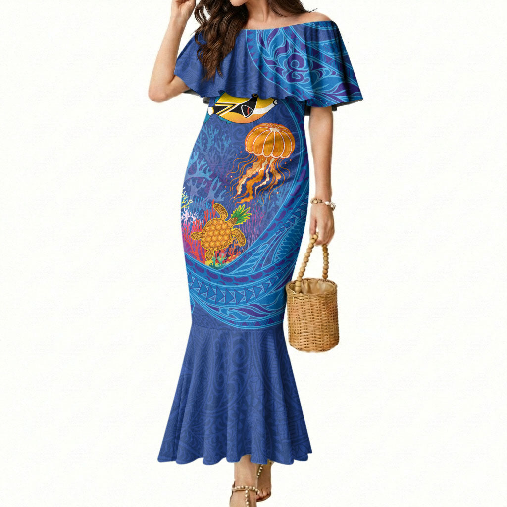 Hawaiian Funny Fruits Sea Animals Mermaid Dress Mango Reef Triggerfish and Pineapple Turtle and Mandarin Jellyfish