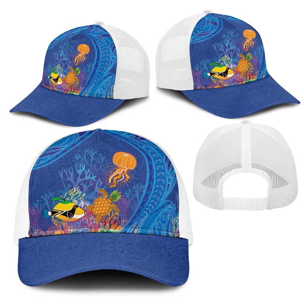 Hawaiian Funny Fruits Sea Animals Mesh Trucker Cap Mango Reef Triggerfish and Pineapple Turtle and Mandarin Jellyfish