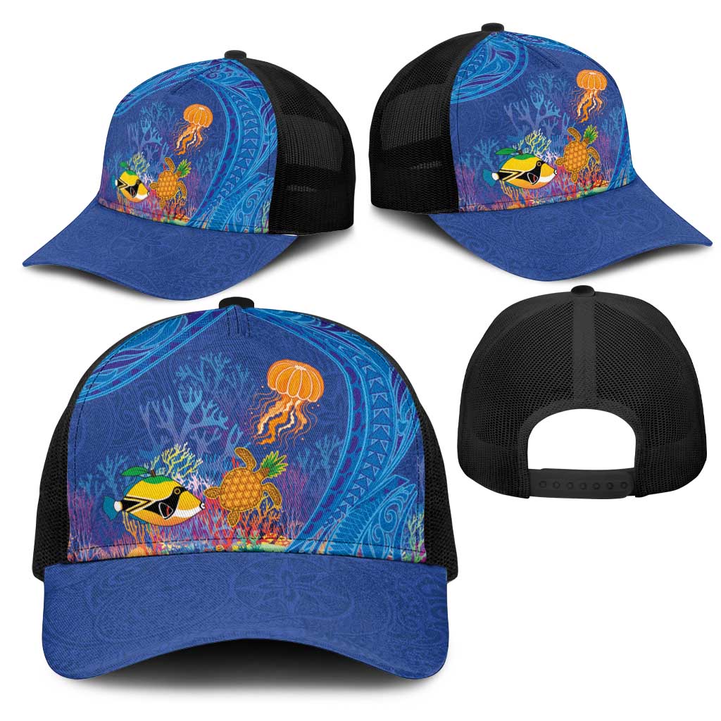 Hawaiian Funny Fruits Sea Animals Mesh Trucker Cap Mango Reef Triggerfish and Pineapple Turtle and Mandarin Jellyfish