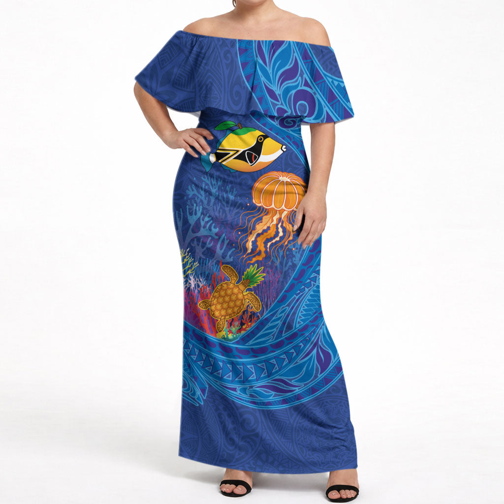 Hawaiian Funny Fruits Sea Animals Off Shoulder Maxi Dress Mango Reef Triggerfish and Pineapple Turtle and Mandarin Jellyfish LT03 Women Blue - Polynesian Pride