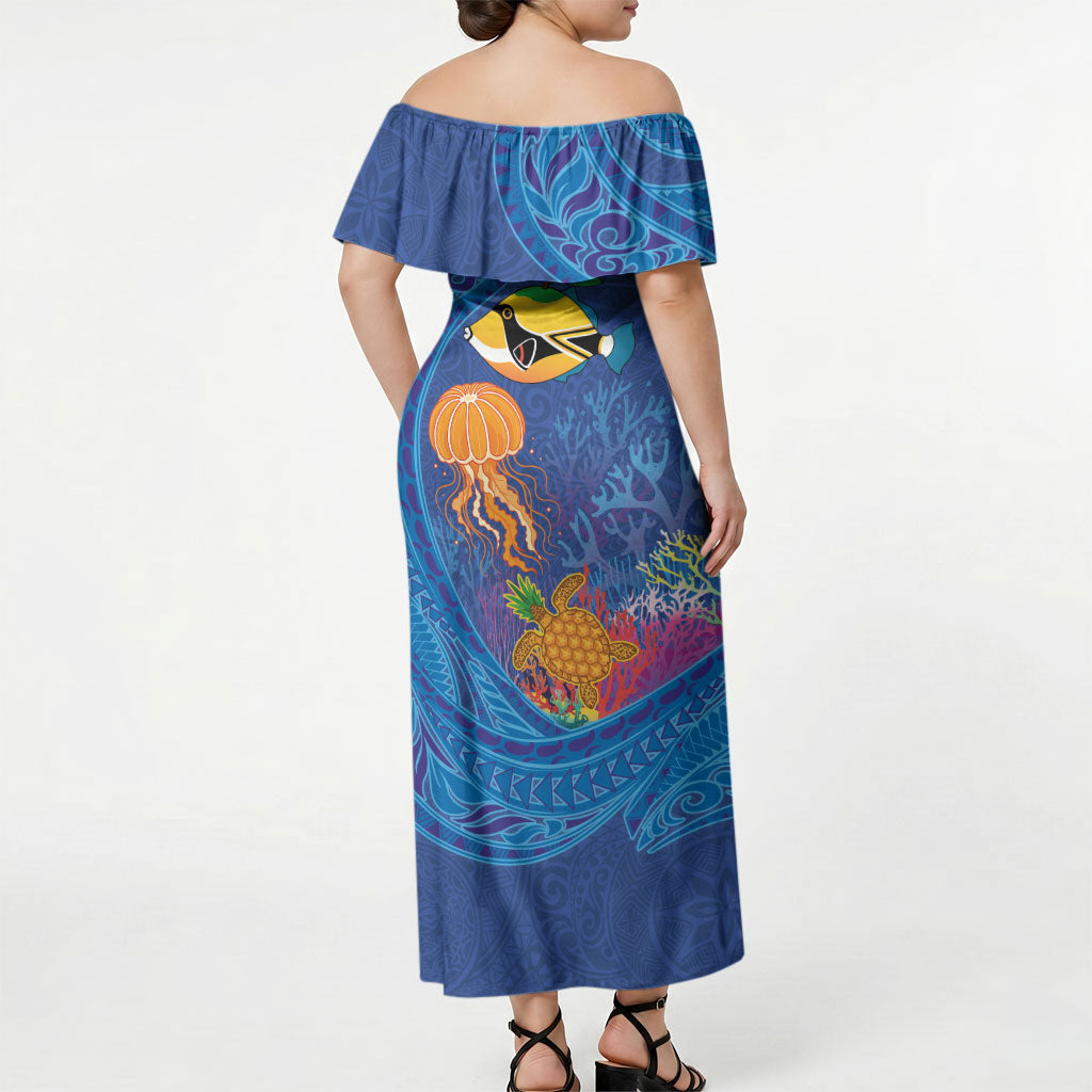 Hawaiian Funny Fruits Sea Animals Off Shoulder Maxi Dress Mango Reef Triggerfish and Pineapple Turtle and Mandarin Jellyfish