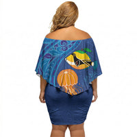 Hawaiian Funny Fruits Sea Animals Off Shoulder Short Dress Mango Reef Triggerfish and Pineapple Turtle and Mandarin Jellyfish