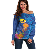 Hawaiian Funny Fruits Sea Animals Off Shoulder Sweater Mango Reef Triggerfish and Pineapple Turtle and Mandarin Jellyfish