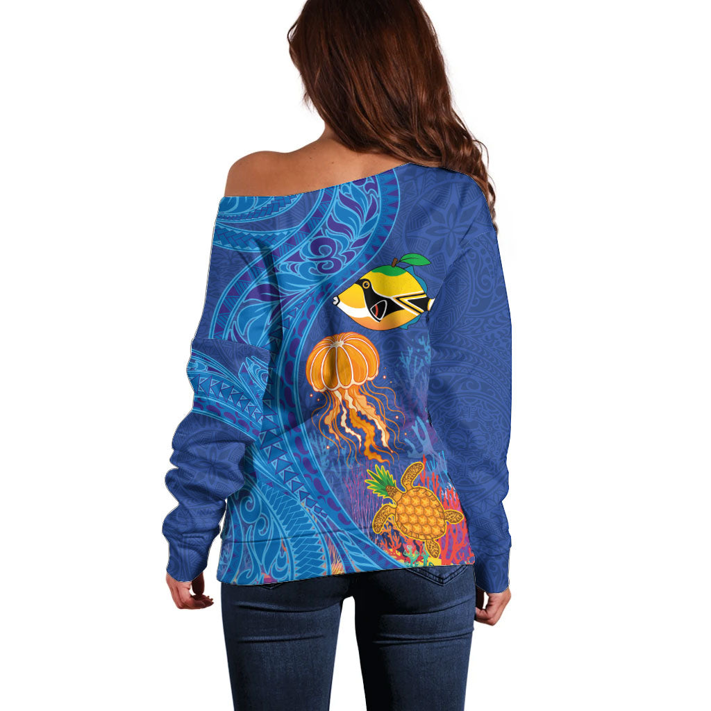 Hawaiian Funny Fruits Sea Animals Off Shoulder Sweater Mango Reef Triggerfish and Pineapple Turtle and Mandarin Jellyfish