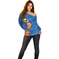 Hawaiian Funny Fruits Sea Animals Off Shoulder Sweater Mango Reef Triggerfish and Pineapple Turtle and Mandarin Jellyfish
