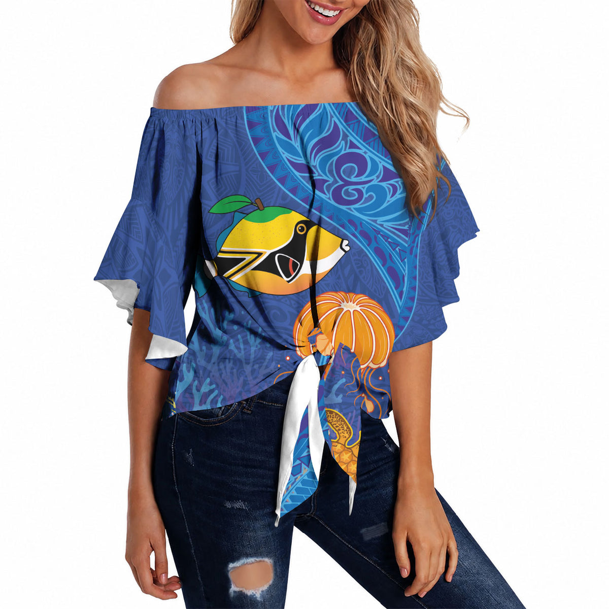 Hawaiian Funny Fruits Sea Animals Off Shoulder Wrap Waist Top Mango Reef Triggerfish and Pineapple Turtle and Mandarin Jellyfish