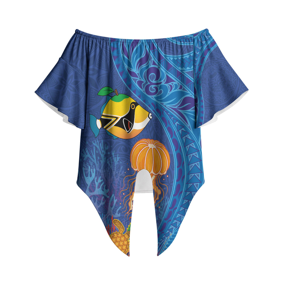 Hawaiian Funny Fruits Sea Animals Off Shoulder Wrap Waist Top Mango Reef Triggerfish and Pineapple Turtle and Mandarin Jellyfish