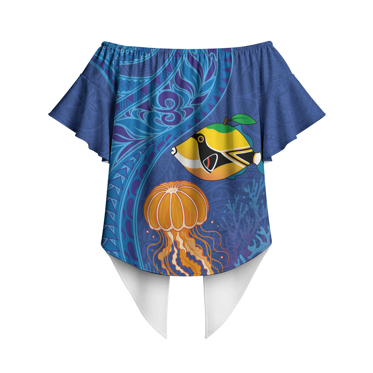 Hawaiian Funny Fruits Sea Animals Off Shoulder Wrap Waist Top Mango Reef Triggerfish and Pineapple Turtle and Mandarin Jellyfish