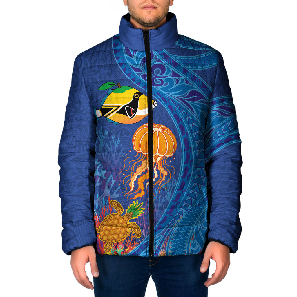 Hawaiian Funny Fruits Sea Animals Padded Jacket Mango Reef Triggerfish and Pineapple Turtle and Mandarin Jellyfish