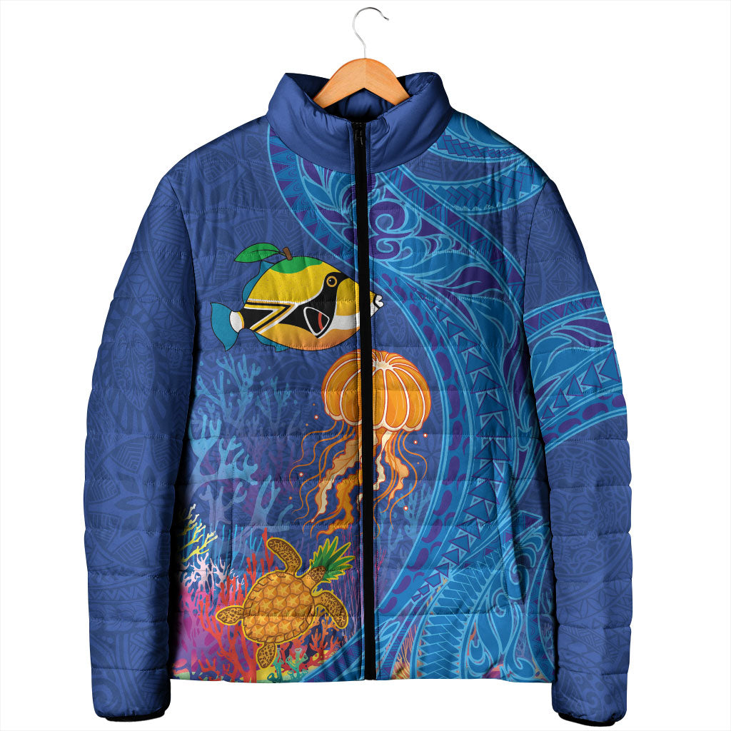 Hawaiian Funny Fruits Sea Animals Padded Jacket Mango Reef Triggerfish and Pineapple Turtle and Mandarin Jellyfish