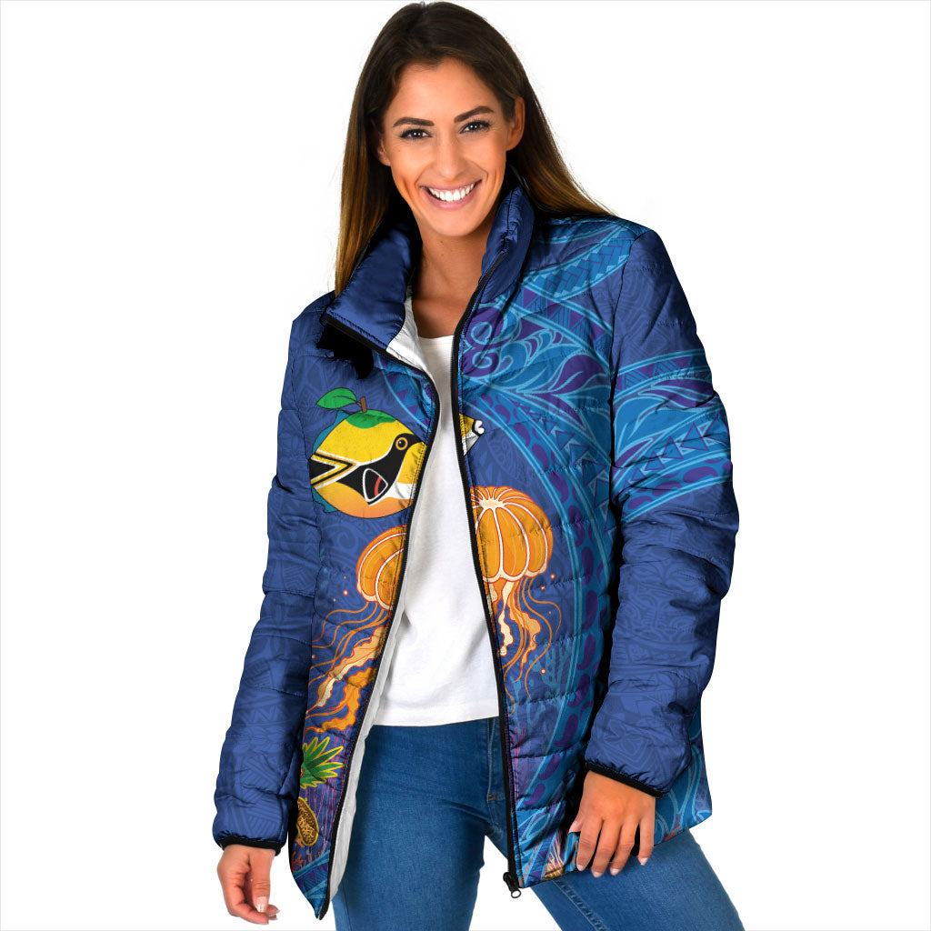Hawaiian Funny Fruits Sea Animals Padded Jacket Mango Reef Triggerfish and Pineapple Turtle and Mandarin Jellyfish
