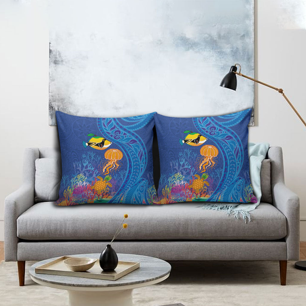 Hawaiian Funny Fruits Sea Animals Pillow Cover Mango Reef Triggerfish and Pineapple Turtle and Mandarin Jellyfish