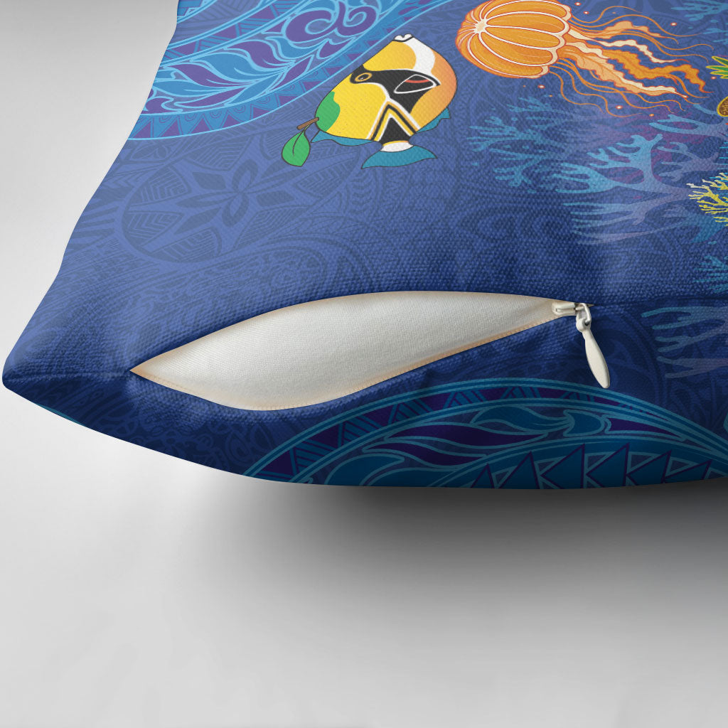 Hawaiian Funny Fruits Sea Animals Pillow Cover Mango Reef Triggerfish and Pineapple Turtle and Mandarin Jellyfish