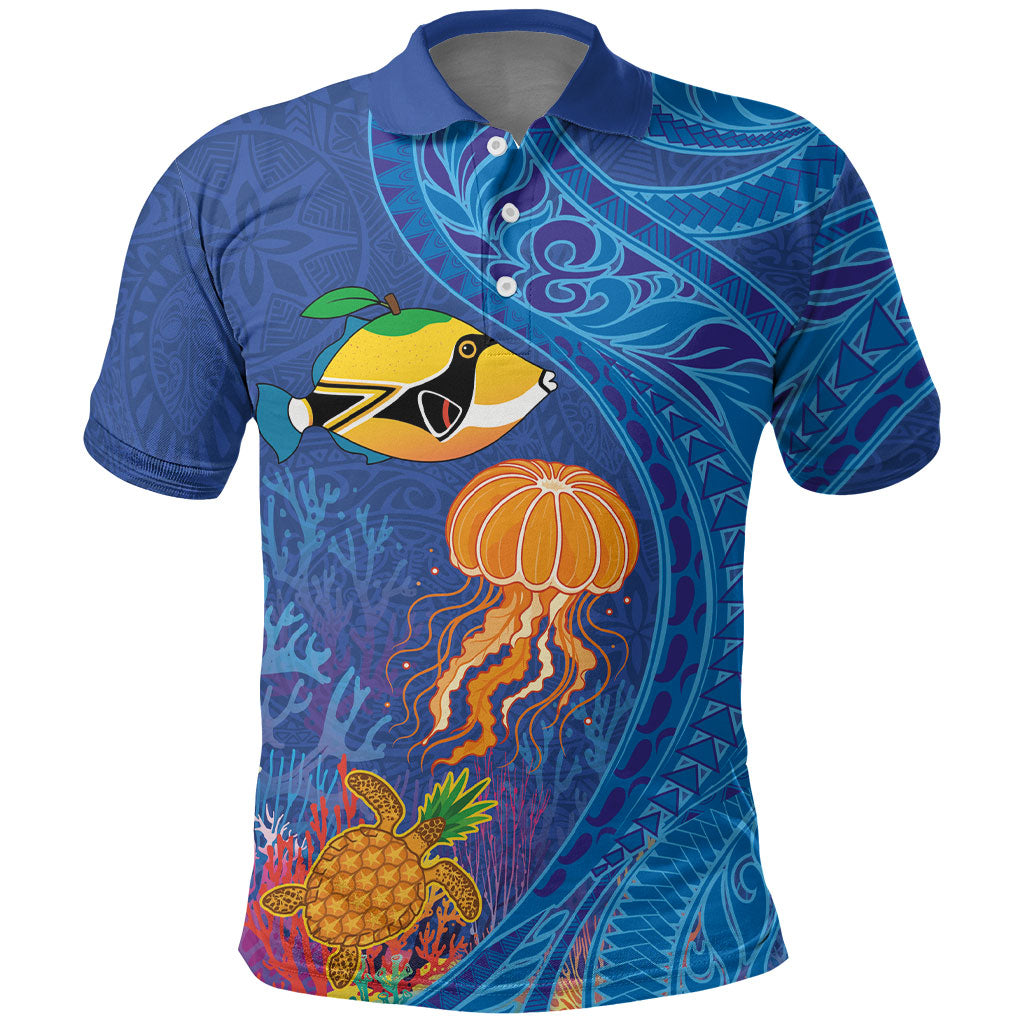 Hawaiian Funny Fruits Sea Animals Polo Shirt Mango Reef Triggerfish and Pineapple Turtle and Mandarin Jellyfish