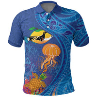 Hawaiian Funny Fruits Sea Animals Polo Shirt Mango Reef Triggerfish and Pineapple Turtle and Mandarin Jellyfish