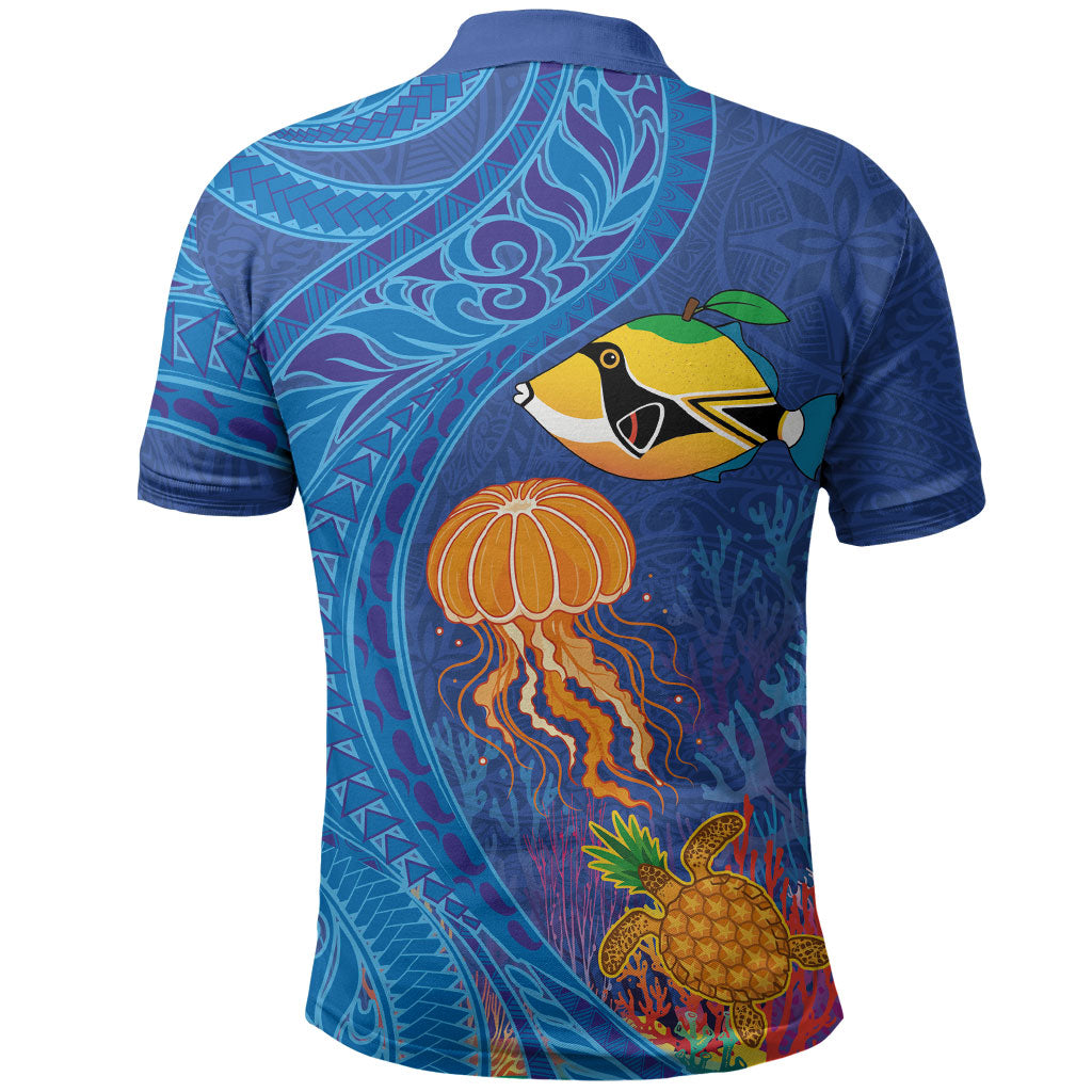 Hawaiian Funny Fruits Sea Animals Polo Shirt Mango Reef Triggerfish and Pineapple Turtle and Mandarin Jellyfish