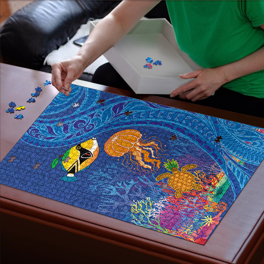 Hawaiian Funny Fruits Sea Animals Puzzle Mango Reef Triggerfish and Pineapple Turtle and Mandarin Jellyfish