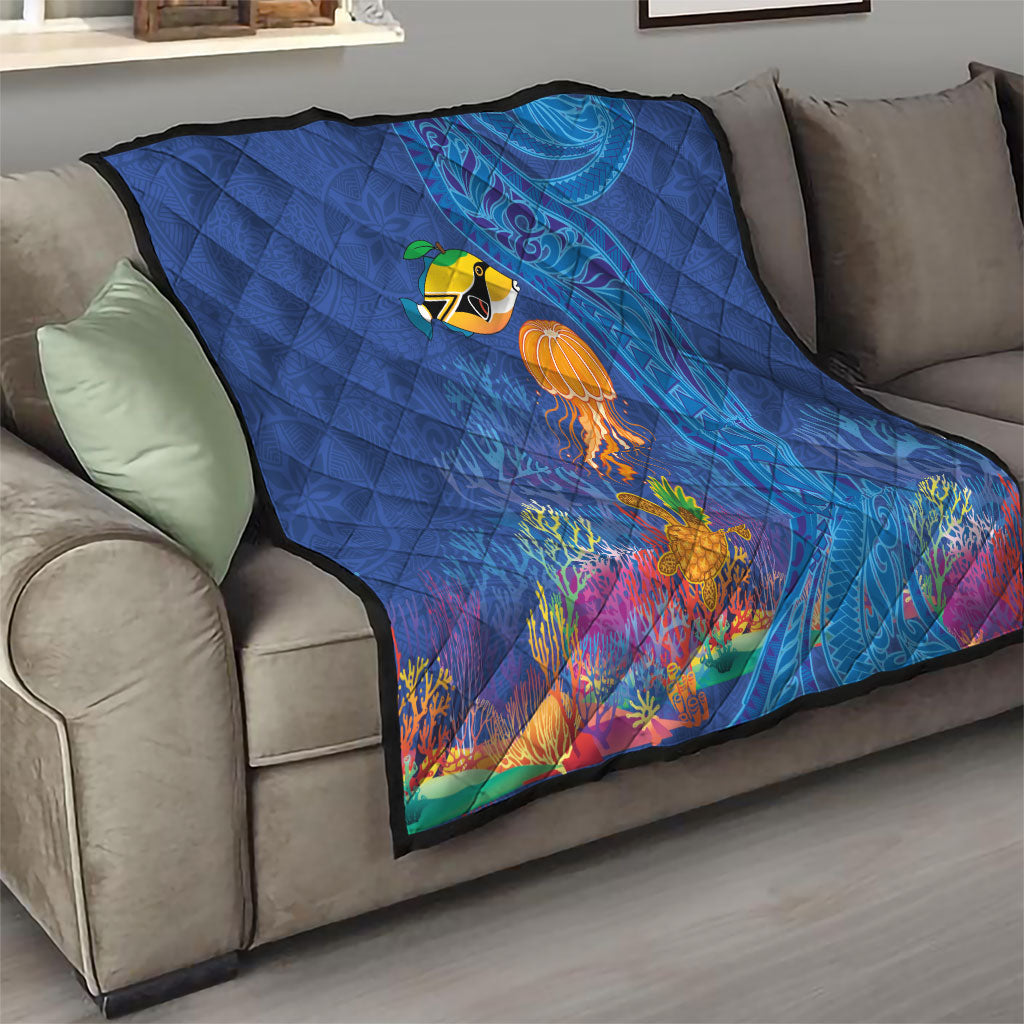 Hawaiian Funny Fruits Sea Animals Quilt Mango Reef Triggerfish and Pineapple Turtle and Mandarin Jellyfish