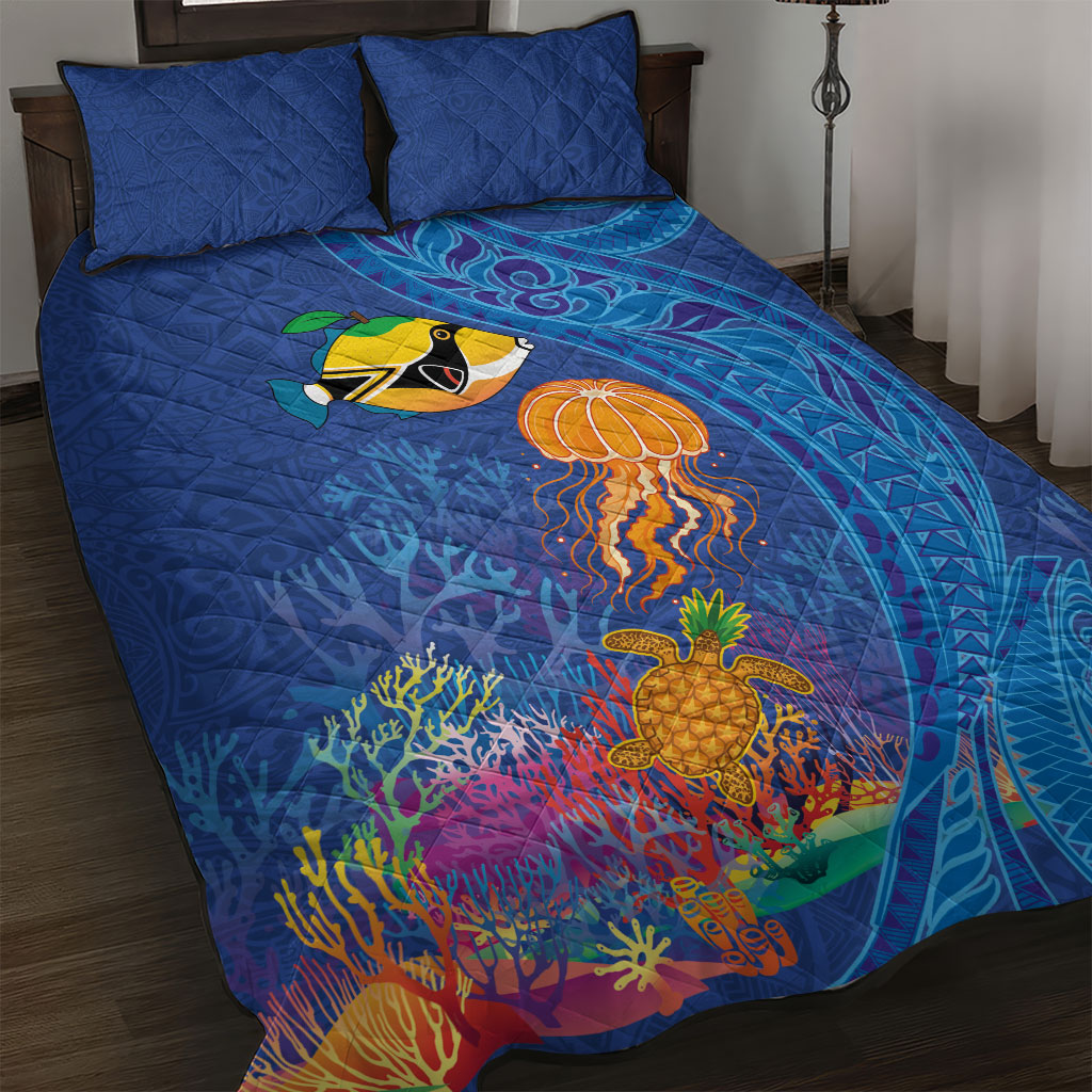 Hawaiian Funny Fruits Sea Animals Quilt Bed Set Mango Reef Triggerfish and Pineapple Turtle and Mandarin Jellyfish