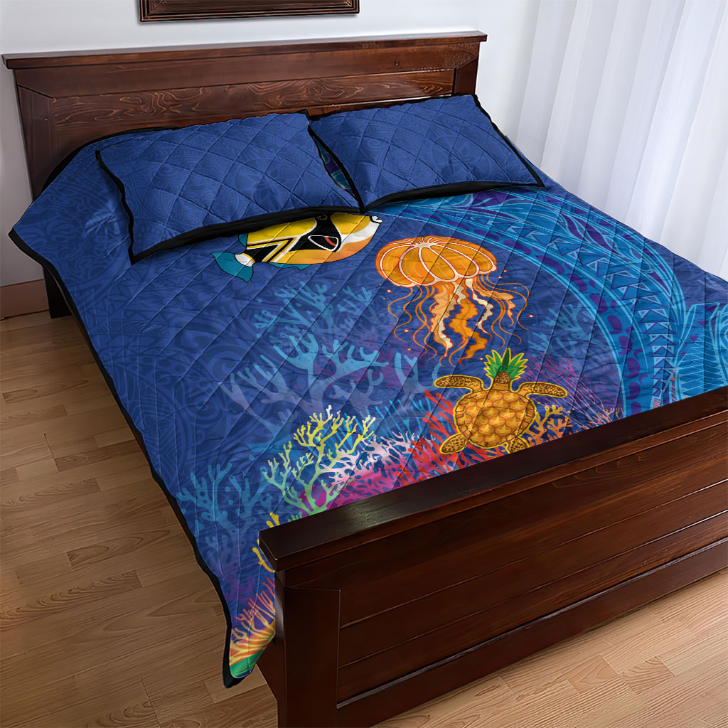Hawaiian Funny Fruits Sea Animals Quilt Bed Set Mango Reef Triggerfish and Pineapple Turtle and Mandarin Jellyfish