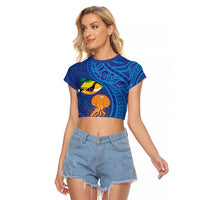 Hawaiian Funny Fruits Sea Animals Raglan Cropped T Shirt Mango Reef Triggerfish and Pineapple Turtle and Mandarin Jellyfish