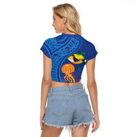 Hawaiian Funny Fruits Sea Animals Raglan Cropped T Shirt Mango Reef Triggerfish and Pineapple Turtle and Mandarin Jellyfish