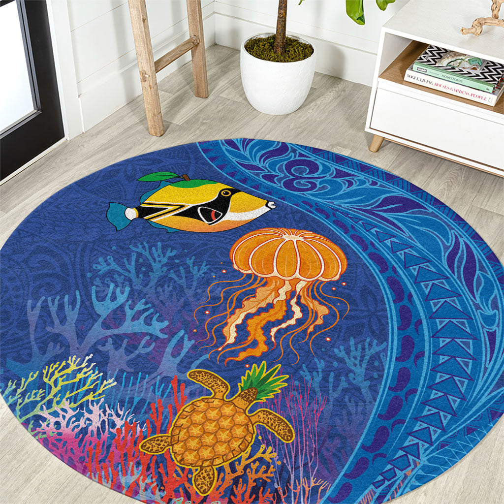 Hawaiian Funny Fruits Sea Animals Round Carpet Mango Reef Triggerfish and Pineapple Turtle and Mandarin Jellyfish