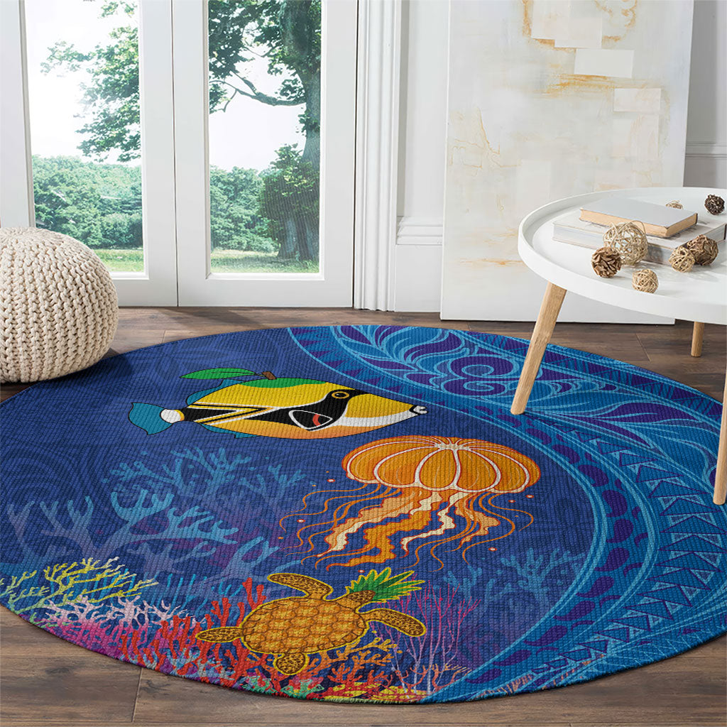Hawaiian Funny Fruits Sea Animals Round Carpet Mango Reef Triggerfish and Pineapple Turtle and Mandarin Jellyfish