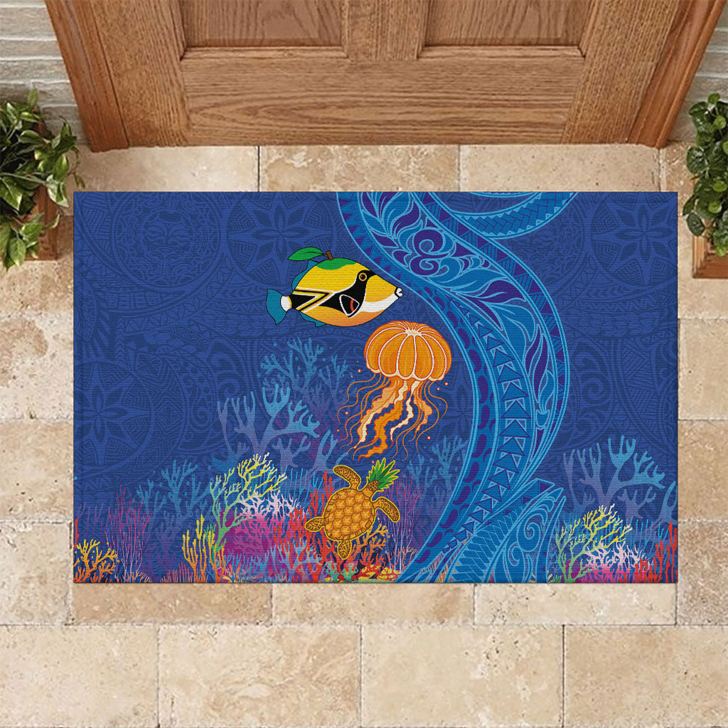Hawaiian Funny Fruits Sea Animals Rubber Doormat Mango Reef Triggerfish and Pineapple Turtle and Mandarin Jellyfish
