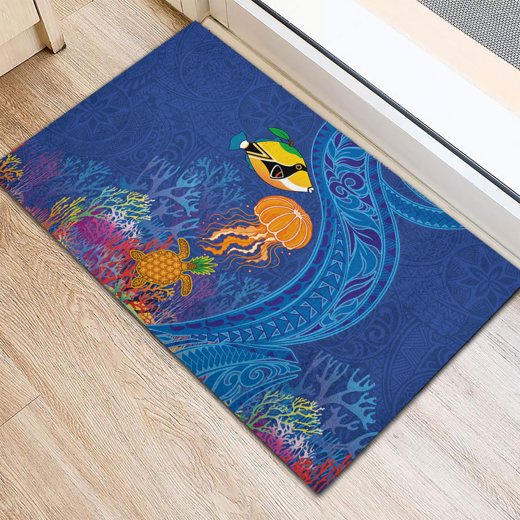 Hawaiian Funny Fruits Sea Animals Rubber Doormat Mango Reef Triggerfish and Pineapple Turtle and Mandarin Jellyfish