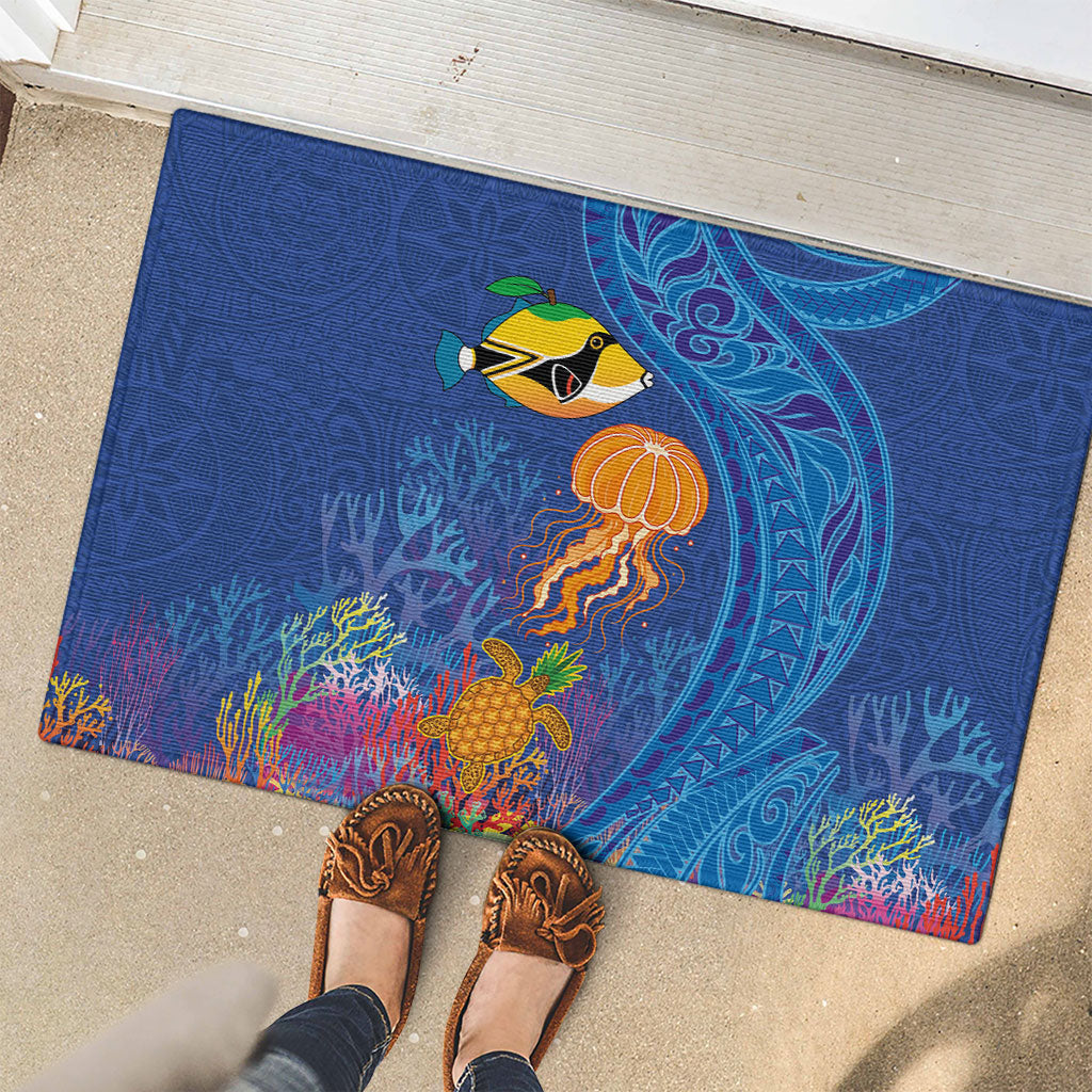 Hawaiian Funny Fruits Sea Animals Rubber Doormat Mango Reef Triggerfish and Pineapple Turtle and Mandarin Jellyfish