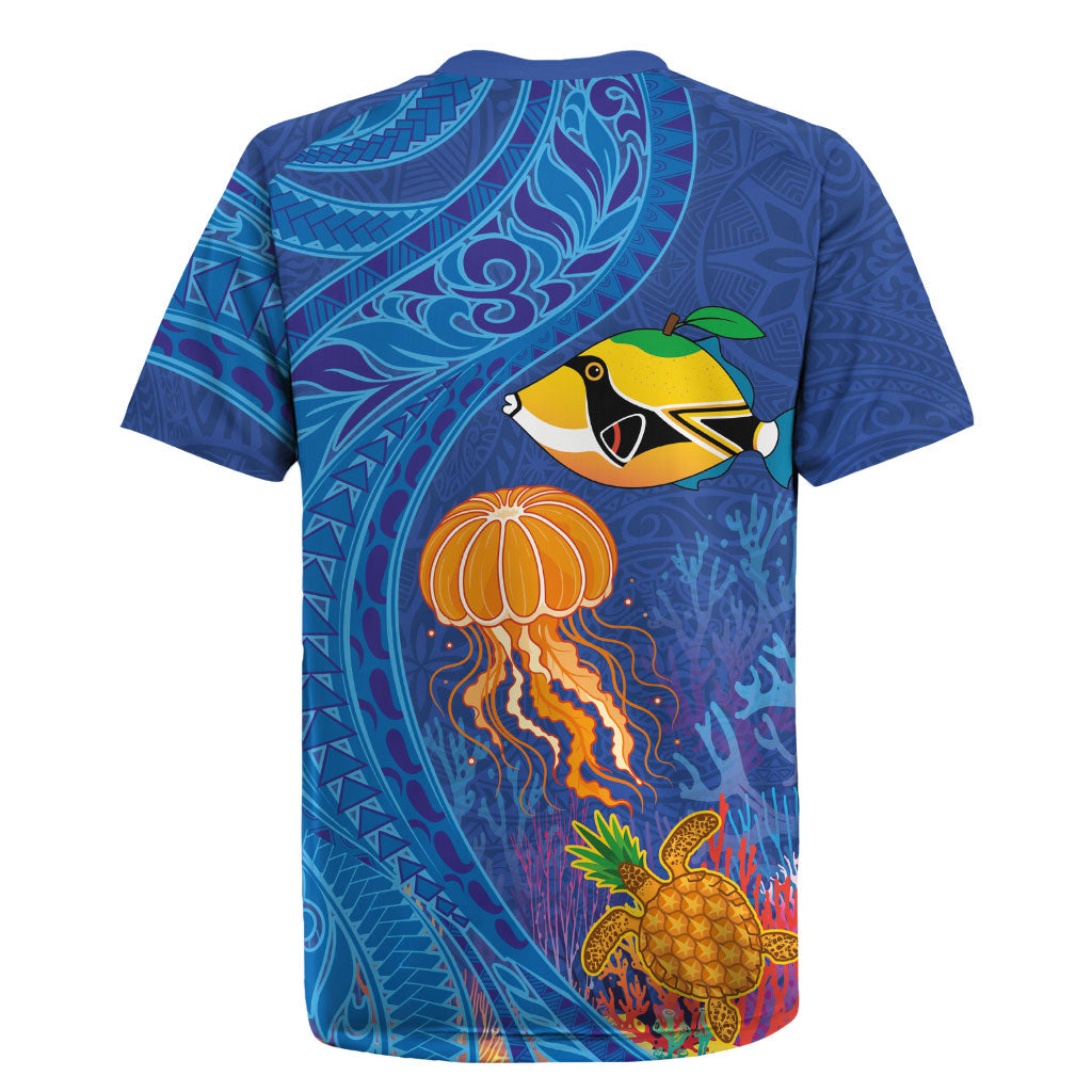 Hawaiian Funny Fruits Sea Animals Rugby Jersey Mango Reef Triggerfish and Pineapple Turtle and Mandarin Jellyfish