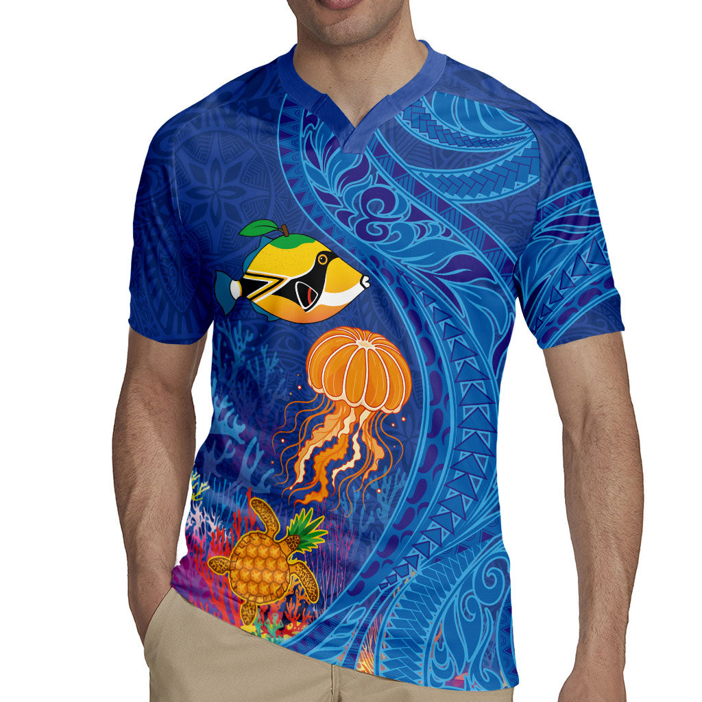 Hawaiian Funny Fruits Sea Animals Rugby Jersey Mango Reef Triggerfish and Pineapple Turtle and Mandarin Jellyfish