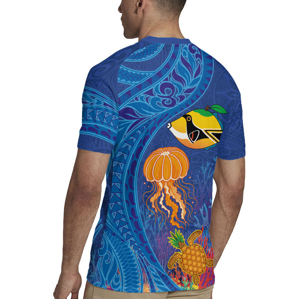 Hawaiian Funny Fruits Sea Animals Rugby Jersey Mango Reef Triggerfish and Pineapple Turtle and Mandarin Jellyfish