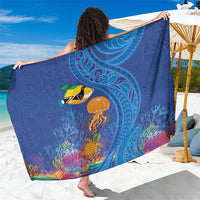 Hawaiian Funny Fruits Sea Animals Sarong Mango Reef Triggerfish and Pineapple Turtle and Mandarin Jellyfish