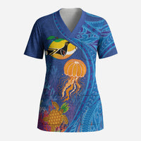 Hawaiian Funny Fruits Sea Animals Scrub Top Mango Reef Triggerfish and Pineapple Turtle and Mandarin Jellyfish