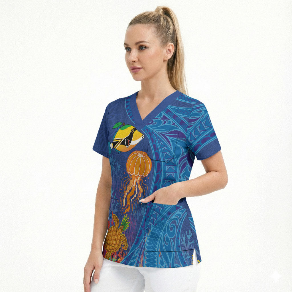 Hawaiian Funny Fruits Sea Animals Scrub Top Mango Reef Triggerfish and Pineapple Turtle and Mandarin Jellyfish