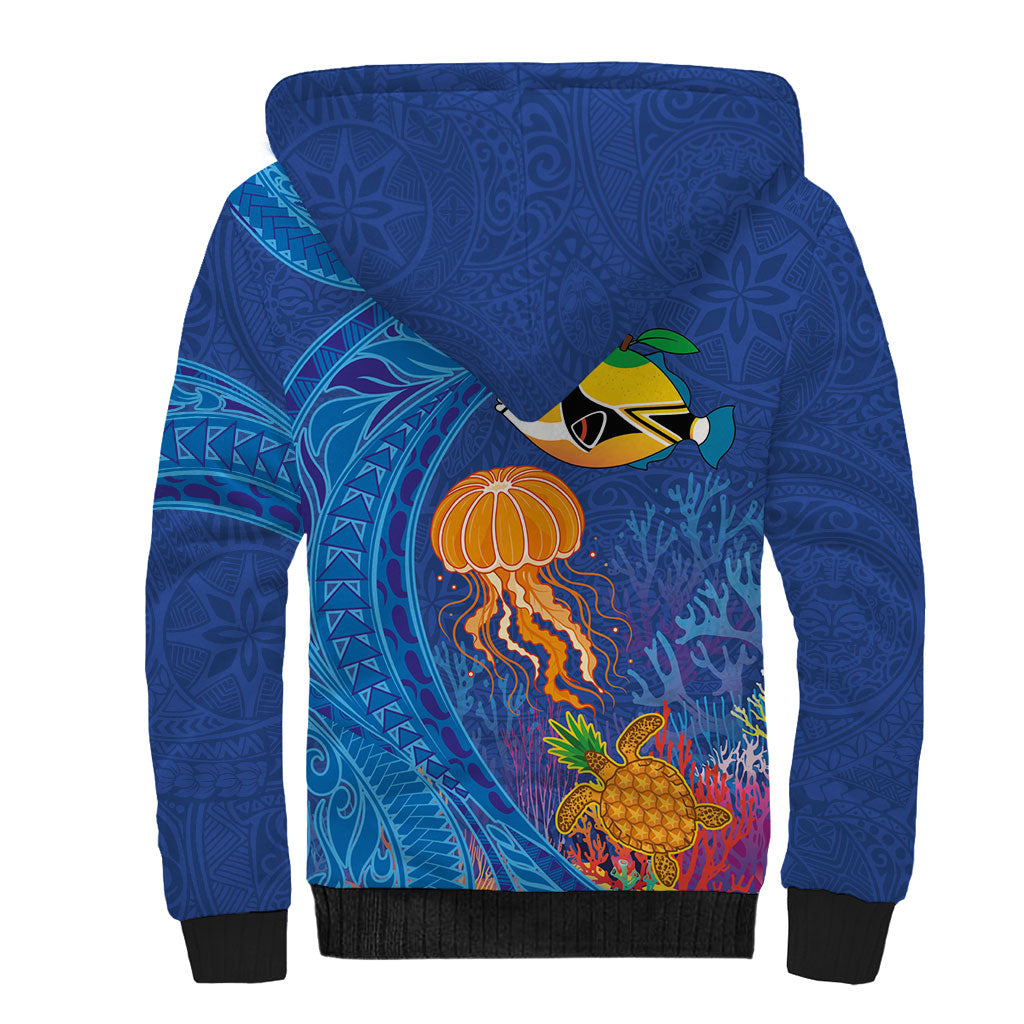 Hawaiian Funny Fruits Sea Animals Sherpa Hoodie Mango Reef Triggerfish and Pineapple Turtle and Mandarin Jellyfish