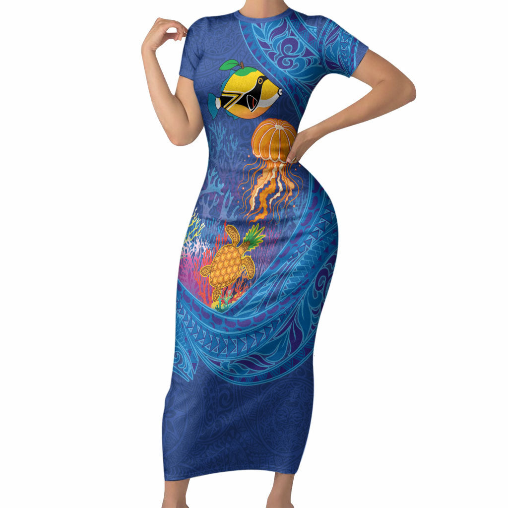 Hawaiian Funny Fruits Sea Animals Short Sleeve Bodycon Dress Mango Reef Triggerfish and Pineapple Turtle and Mandarin Jellyfish