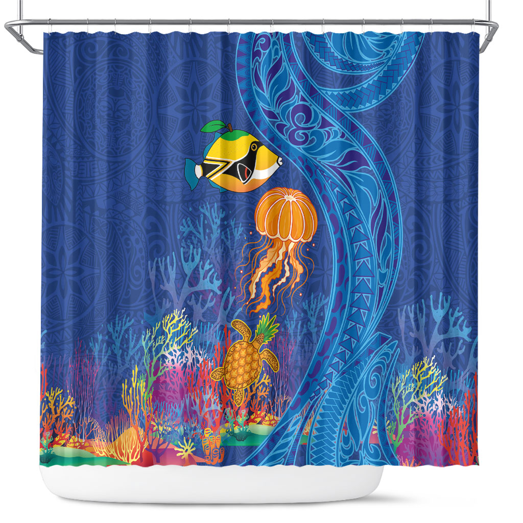Hawaiian Funny Fruits Sea Animals Shower Curtain Mango Reef Triggerfish and Pineapple Turtle and Mandarin Jellyfish
