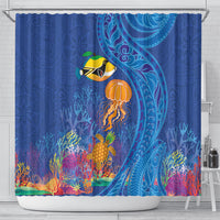 Hawaiian Funny Fruits Sea Animals Shower Curtain Mango Reef Triggerfish and Pineapple Turtle and Mandarin Jellyfish