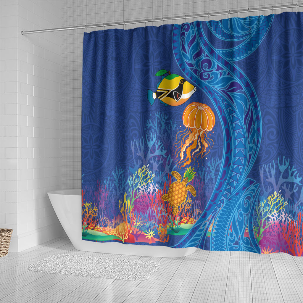 Hawaiian Funny Fruits Sea Animals Shower Curtain Mango Reef Triggerfish and Pineapple Turtle and Mandarin Jellyfish