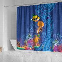 Hawaiian Funny Fruits Sea Animals Shower Curtain Mango Reef Triggerfish and Pineapple Turtle and Mandarin Jellyfish