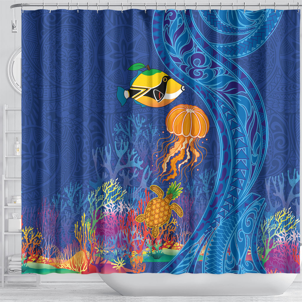 Hawaiian Funny Fruits Sea Animals Shower Curtain Mango Reef Triggerfish and Pineapple Turtle and Mandarin Jellyfish