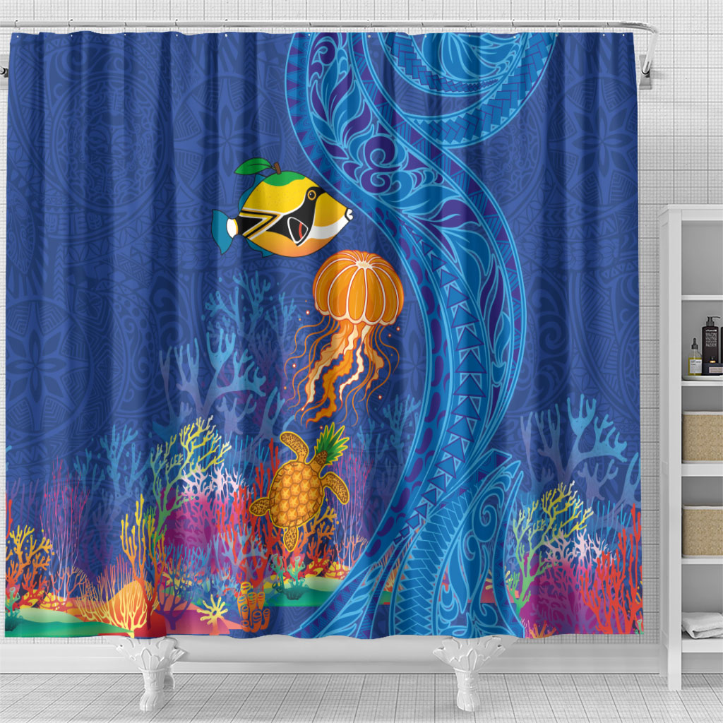 Hawaiian Funny Fruits Sea Animals Shower Curtain Mango Reef Triggerfish and Pineapple Turtle and Mandarin Jellyfish