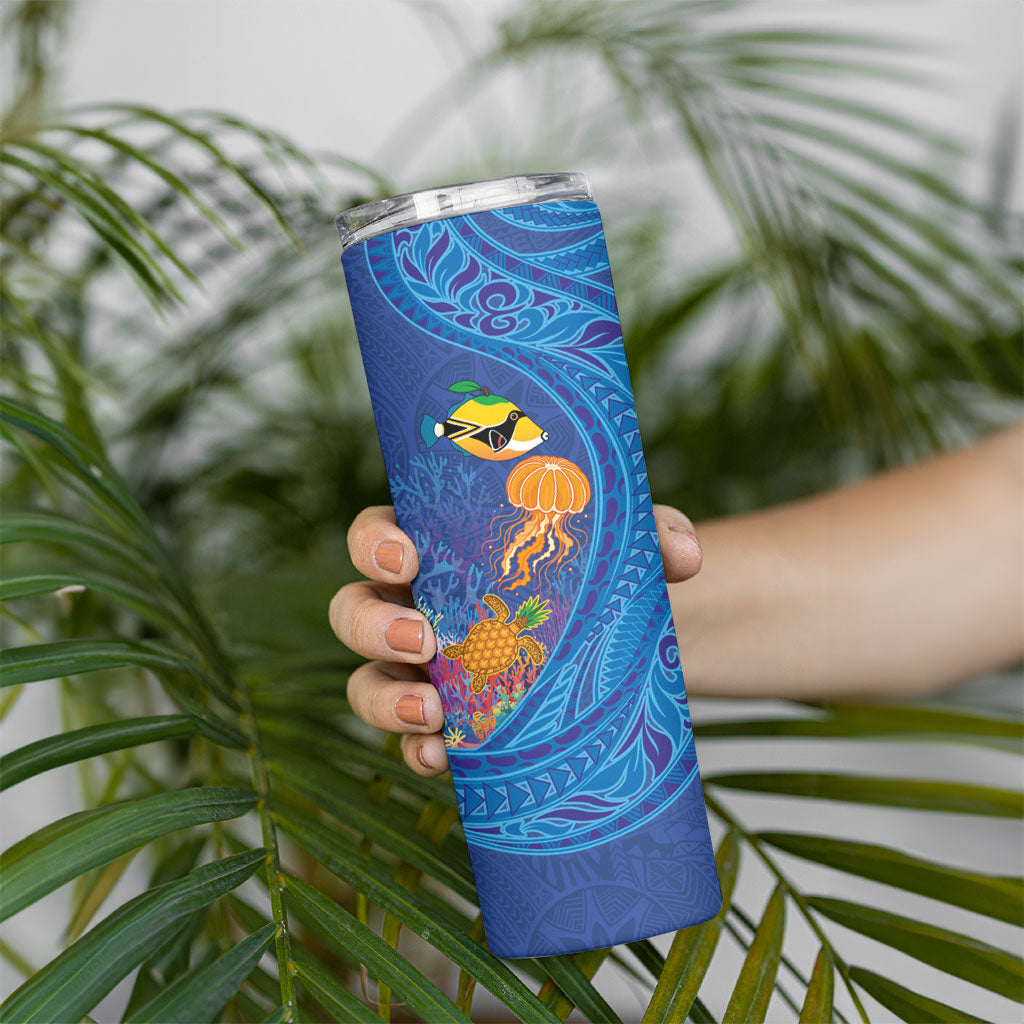 Hawaiian Funny Fruits Sea Animals Skinny Tumbler Mango Reef Triggerfish and Pineapple Turtle and Mandarin Jellyfish