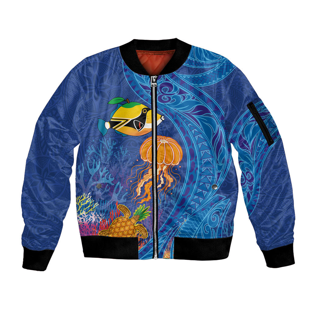 Hawaiian Funny Fruits Sea Animals Sleeve Zip Bomber Jacket Mango Reef Triggerfish and Pineapple Turtle and Mandarin Jellyfish LT03 Unisex Blue - Polynesian Pride