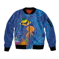 Hawaiian Funny Fruits Sea Animals Sleeve Zip Bomber Jacket Mango Reef Triggerfish and Pineapple Turtle and Mandarin Jellyfish
