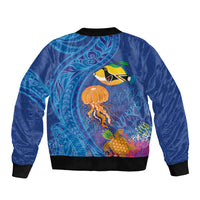 Hawaiian Funny Fruits Sea Animals Sleeve Zip Bomber Jacket Mango Reef Triggerfish and Pineapple Turtle and Mandarin Jellyfish